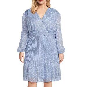 NWT Alex Marie Plus Blue Long Sleeve Foil Chiffon Midi Dress Pleated Swiss Dot